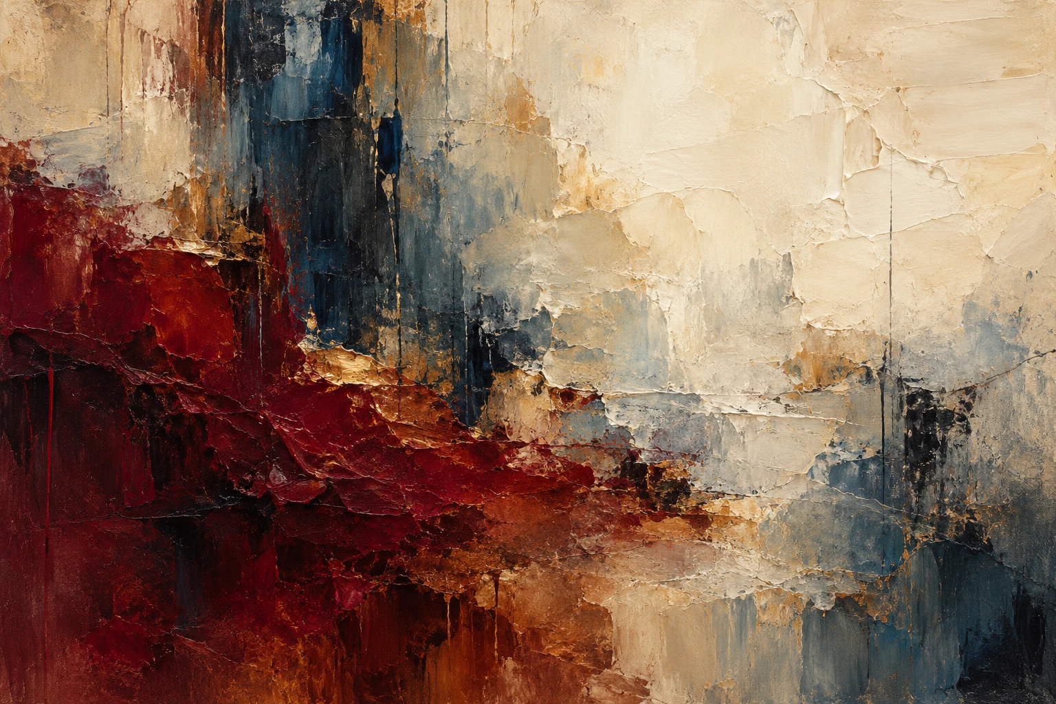 Depth of field, a concept abstract painting in burgundy, cream and indigo