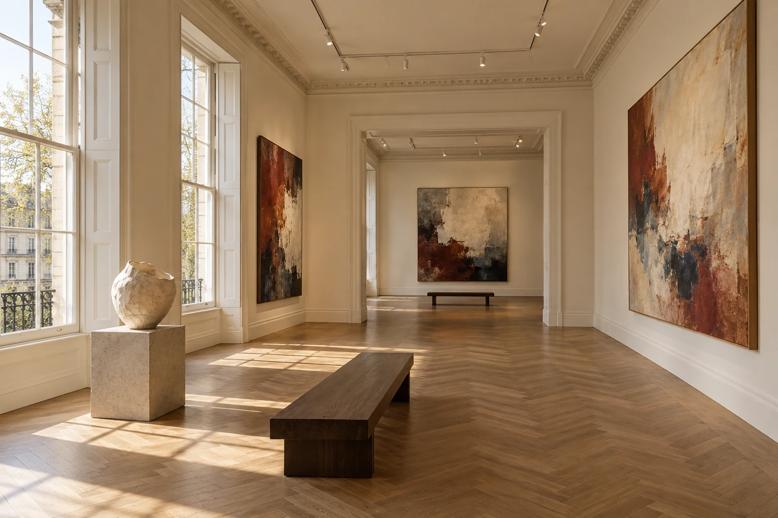 A concept gallery interior with natural light, contemporary paintings and a ceramic sculpture